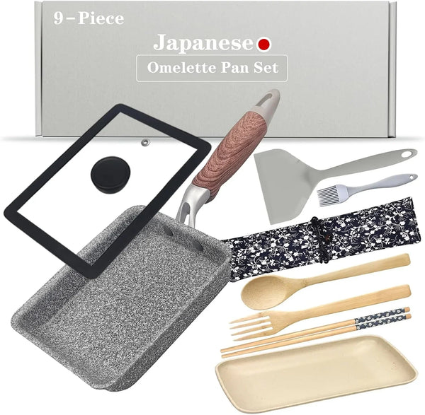 9Pcs Tamagoyaki Pan Set, Japanese Omelette Pan Nonstick with Lid, Square Japanese Egg Skillet Rectangle 7"X5" Grey1