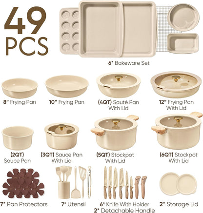 49Pcs Pots and Pans Set, Ceramic Cookware Set with Detachable Handle | Baking Pans Set, Knife Set, Non Stick, Induction Compatible, Dishwasher& Oven Safe, Space Saving, for Kitchen/Rv/Camping2