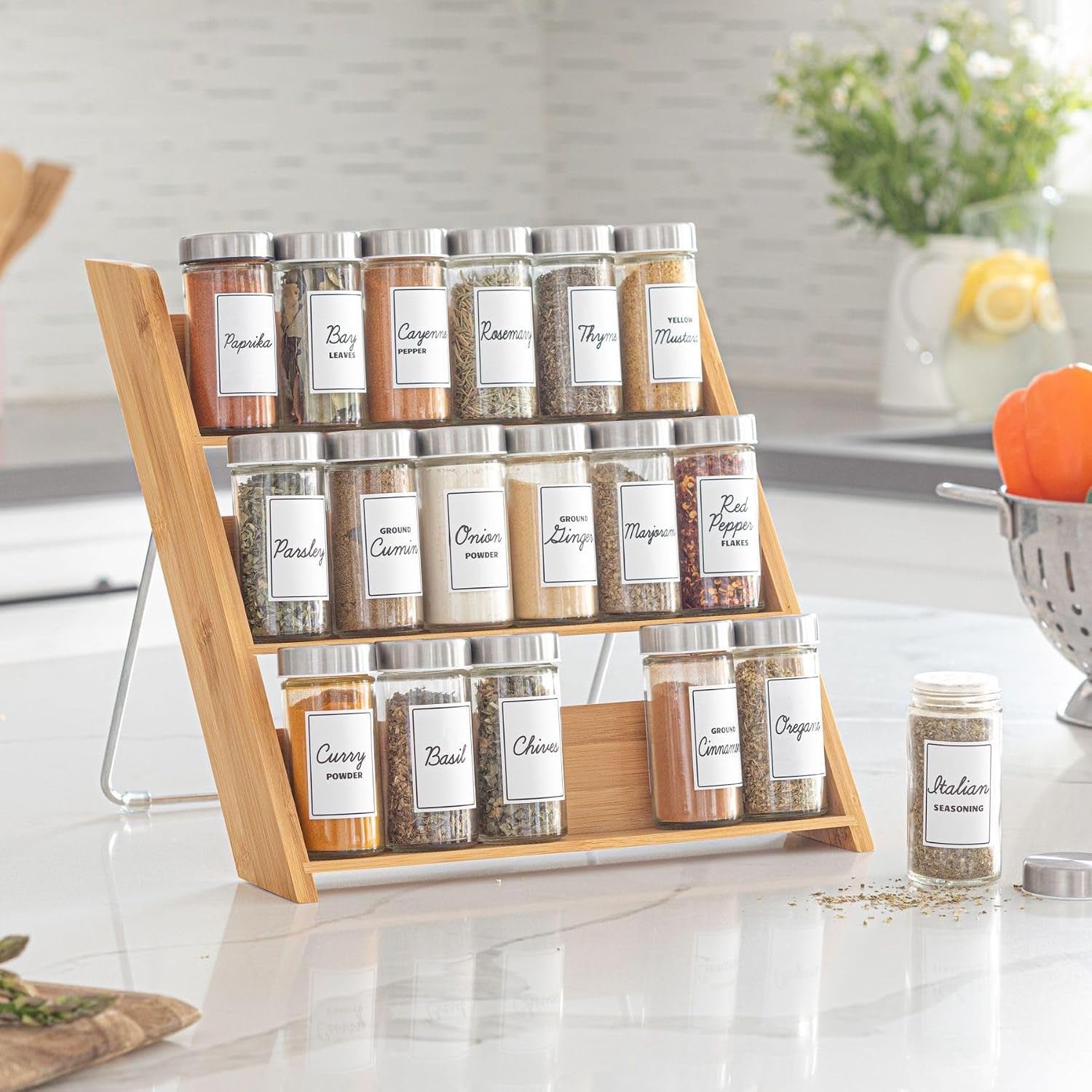 18-jar-bamboo-compact-spice-rack-with-spices-included-5-year-free-spice-refill-program-for-countertop-or-kitchen-drawer-with-glass-jars