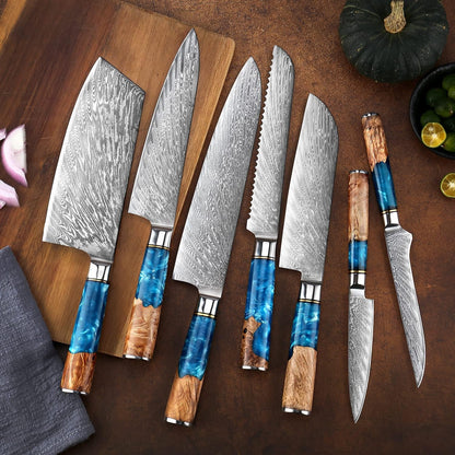 SENKEN 7-Piece Damascus Kitchen Knife Set - Tsunami Collection - 67-Layer Japanese VG10 Steel - Chef'S Knife, Cleaver, Santoku, Bread, Boning, & More9