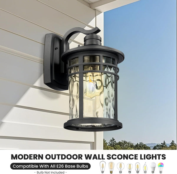 Exterior Lighting Fixture 12 Inch Outdoor Wall Lights Modern Porch Light with Water Ripple Glass Black Finish E26 Socket 2-Pack3
