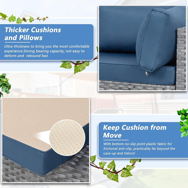 Patio Furniture Sets, 5 Piece Outdoor Sectional Sofas, Wicker Rattan Outdoor Furniture Patio Conversation Set, All-Weather PE Rattan Outdoor Couch for Backyard, Garden, Gray & Aegean Blue6