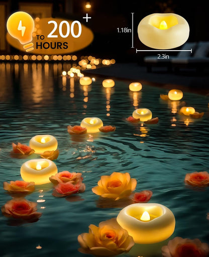 Floating Candles, Water Activated Flameless LED Tea Lights, Waterproof Battery Operated Candles for Wedding Centerpieces, Glass Cylinder Vases, Pool Decoration, Home Decor, 24 Pack, 200 Hours3