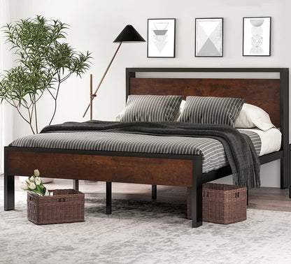 14 Inch Queen Size Metal Platform Bed Frame with Wooden Headboard and Footboard, Mattress Foundation, No Box Spring Needed, Large under Bed Storage, Non-Slip without Noise, Mahogany1