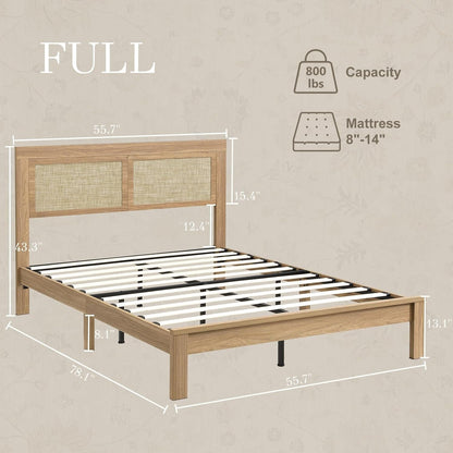 Full Bed Frame with Headboard Wood, Rattan Boho Bedframe with Wooden Slats Surpport, Easy Assembly Platform Bed, No Box Spring Needed, Natrual Walnut2