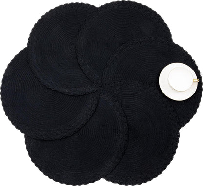 round Placemats Set of 4 Boho Braided Border 15 Inch Circle Place Mats Washable Fabric Table Mats for Kitchen Dining Table, Black9