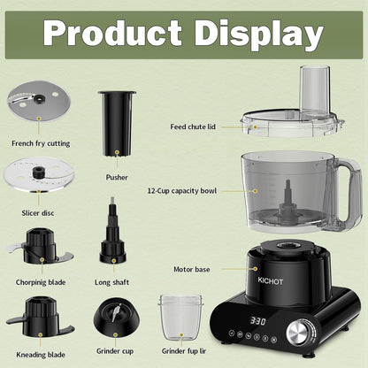 12 Cup Food Processor & Vegetable Chopper,French-Fry-Cutter, Stepless Speed,Digital Timer,Large Feed Chute,Ice Creshing,Chopping, Shredding, Slicing and Doughing,600W for Home Use,Black6