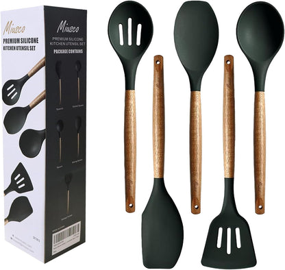 Non-Stick Silicone Cooking Utensils Set with Natural Acacia Hard Wood Handle, 5 Piece, High Heat Resistant (Green)1