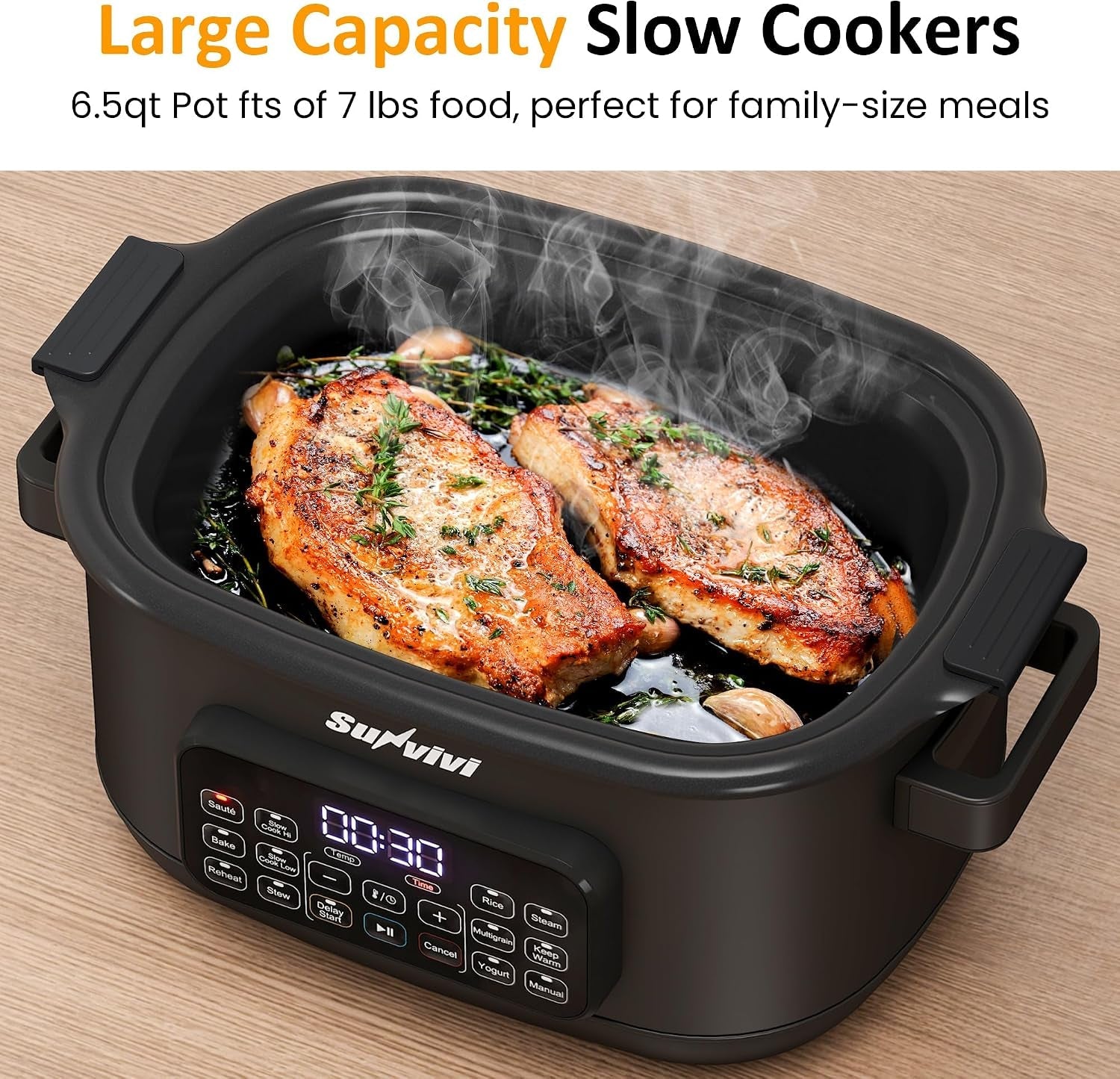 12-in-1-programmable-slow-cooker-6-5qt-with-timer-keep-warm-multicooker-with-timer-temp-control-dishwasher-safe-lid-removable-nonstick-crock-stainless-steel-rack-black