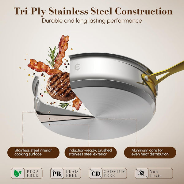 Stainless Steel Cookware Set, Tri-Ply Pots and Pans Set, 26 Piece Kitchen Cooking Utensils Set with Lids, Gold Grip Handles, Induction, Oven, Non-Toxic, Dishwasher Safe, Professional Chef Quality3