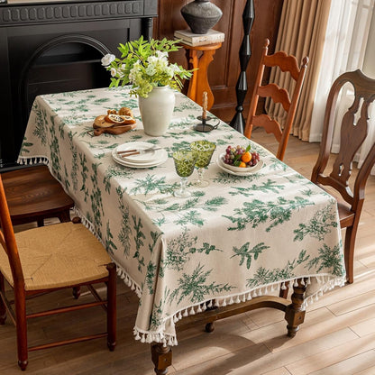 Square Vintage Cotton Linen Tablecloth with Stitching Tassels Washable Fabric Table Cover for Dining Kitchen Tea Party, 60 X 60 Inches, Green Pine Cone3