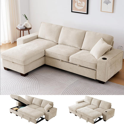 99" Convertible Sleeper Sofa Bed,L Shaped with Storage Chaise Pull Out Couch for Living Room,Usb and Type-C,Removable Washable Chenille Covers (Beige)1