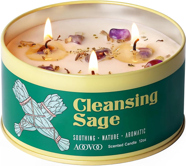 Sage Candle for Cleansing - 3 Wick 12Oz Large Scented Candle with Crystals & Sage Leaves Inside, Soy Candles Non Toxic for Meditation Spiritual Gift, Aromatherapy Candle for Women Men1