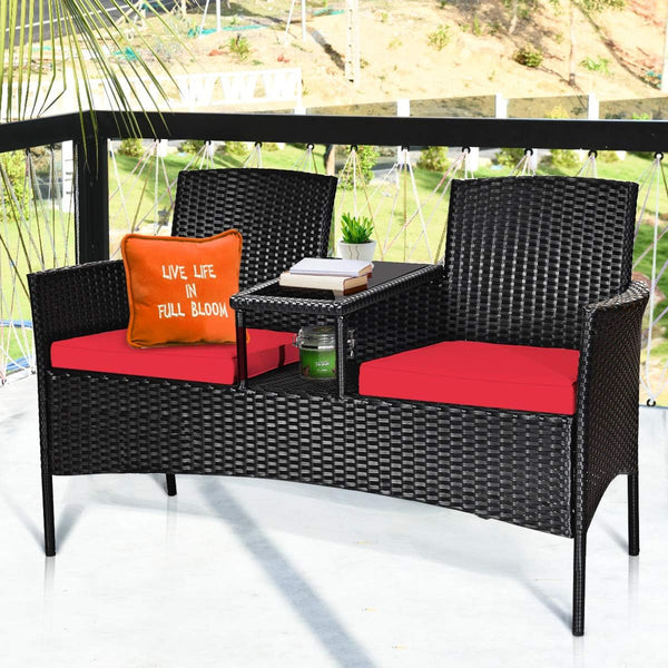 Wicker Patio Conversation Furniture Set, Outdoor Furniture Set with Removable Cushions & Table, Tempered Glass Top, Modern Rattan Bench for Garden Lawn Backyard2