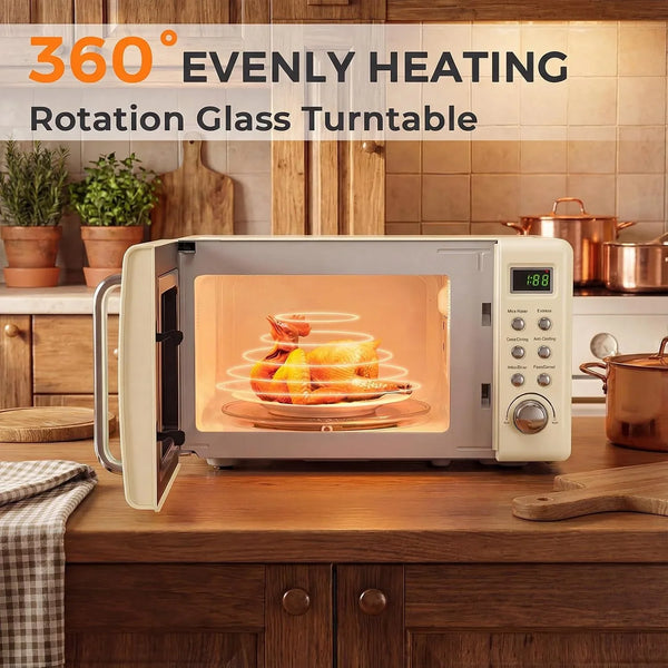 Retro Microwave 0.7Cu.Ft, 700 Watt Countertop Microwave | 5 Micro Power Defrost & Auto Cooking Function, LED Display, Child Lock, Small Microwave for Kitchen, RV, Dorm, Cream White2