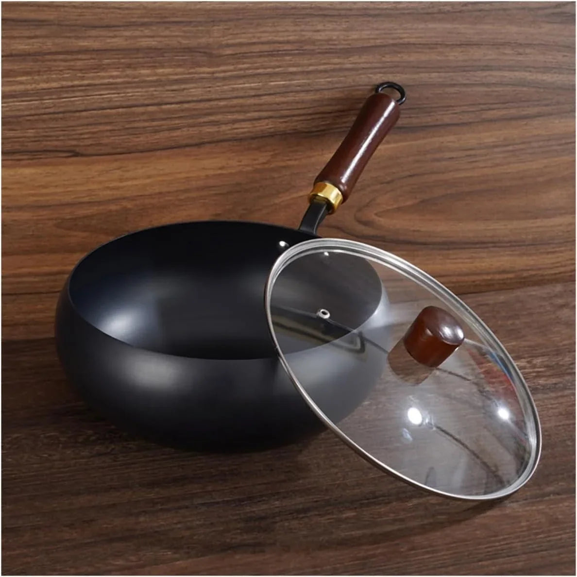 suntuup-japanese-iron-pan-non-stick-iron-pan-hand-forged-flat-bottom-small-wok-rust-free-for-cooker-gas-stir-fry-pans-round-bottom-with-lid-9-4in-hammer-pattern-glass-lid