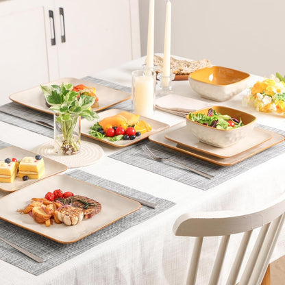 Ceramic Square 12 Pieces Dinnerware Set - Dinner Plates Salad Plates Cereal Bowls Set Service for 4 - Scratch Resistant Microwave Oven Dishwasher Safe - Beige4