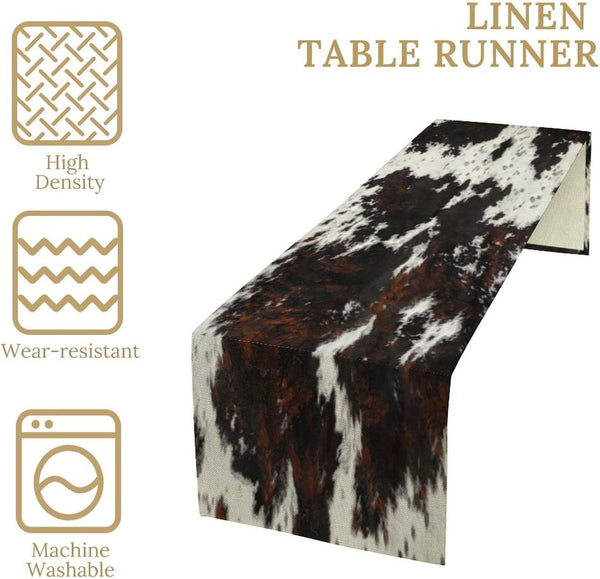 Cow Skin Print Table Runner, Cotton Linen Rustic Cottage Country Farm Animal Fur Skin Pattern Western Style Black Brown Cowhide Print Dinner Runner for Home Kitchen Dining Table Decoration 13"X36"4