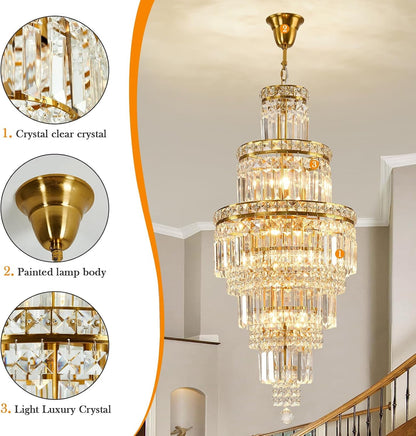 Modern Crystal Chandelier 8 Light Long Chandelier for High Ceiling Luxury Gold Hanging Pendant Light for Dining Room Living Room Staircase Foyer Entryway5