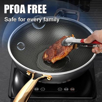 Wok Pan, Hybrid Nonstick Wok with Lid,Induction Non Stick Stainless Steel Large Deep Woks&Stir-Fry Pans,Stay-Cool Handle Skillets,Pfoa Free Cookware,With Lid,11.81In6