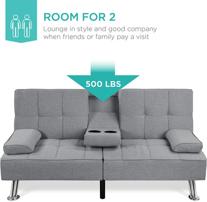Linen Modern Folding Futon, Reclining Sofa Bed for Apartment, Dorm W/Removable Armrests, 2 Cupholders - Gray5