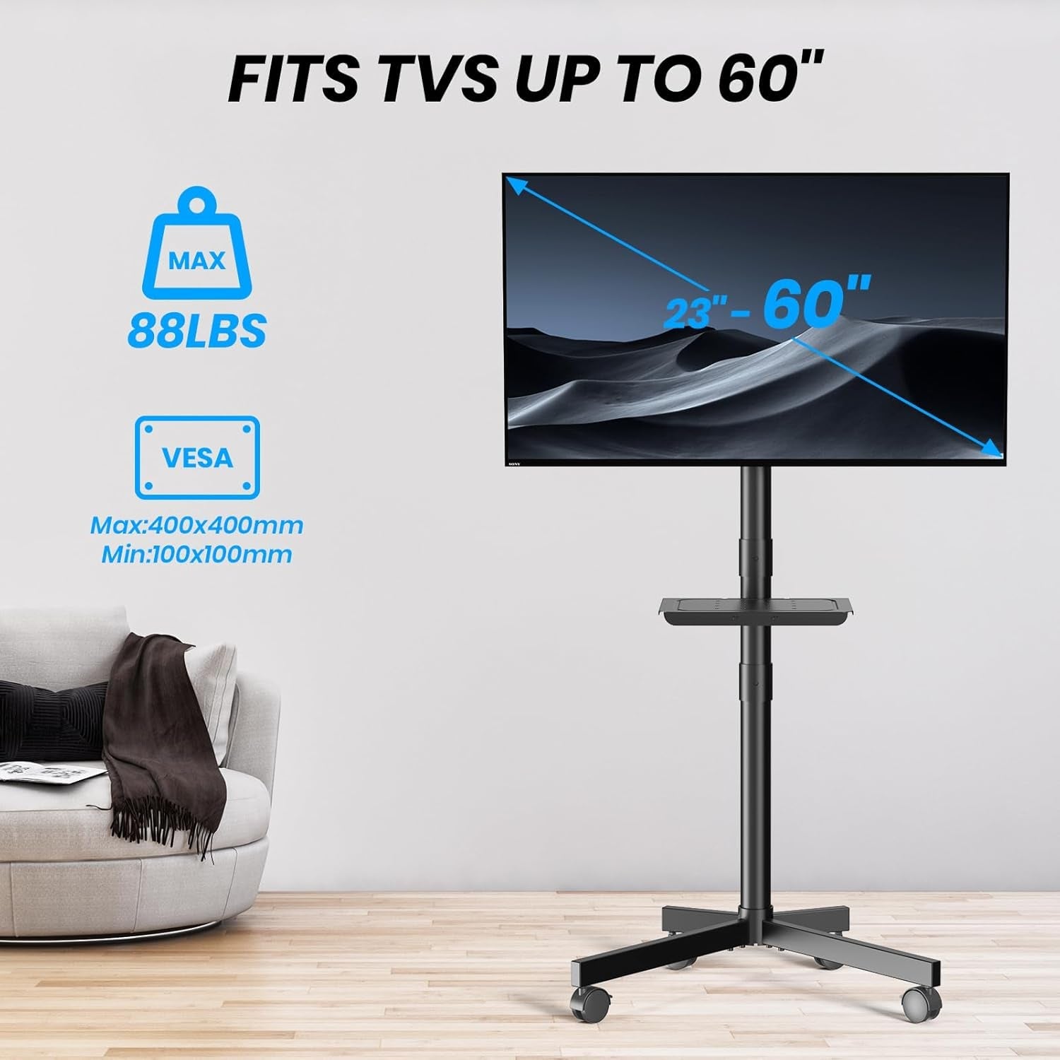 mobile-tv-cart-for-23-60-inch-lcd-led-oled-flat-curved-screen-tvs-height-adjustable-rolling-floor-stand-with-shelf-and-locking-wheels-up-to-88lbs-max-vesa-400x400mm-black