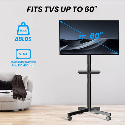 Mobile TV Cart for 23-60 Inch LCD LED OLED Flat Curved Screen Tvs - Height Adjustable Rolling Floor Stand with Shelf and Locking Wheels - up to 88Lbs, Max VESA 400X400Mm, Black7