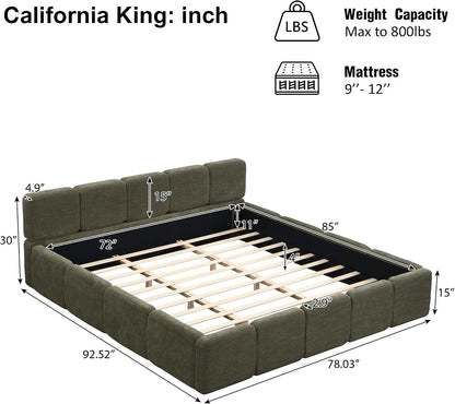 California King Boucle Platform Bed with Thick Headboard, Green2