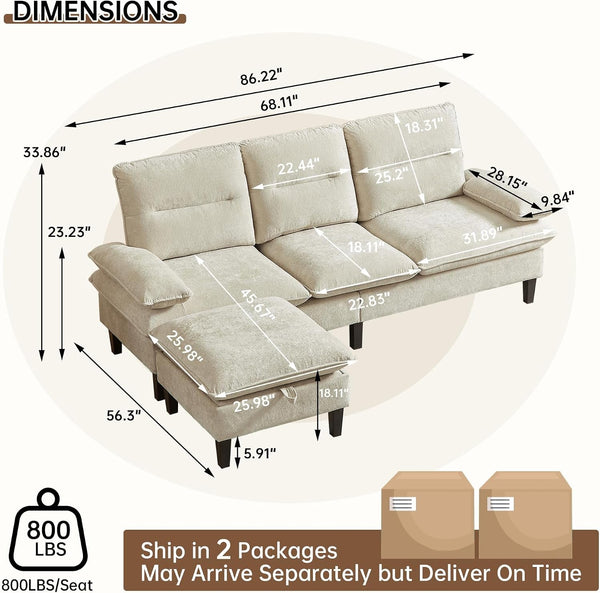 86'' Chenille Sofa with Large Storage Ottoman, Modern Living Room Sofa with Removable Washable Cushion, 3 Seater Comfy Couch for Apartment, Bedroom, Office (Beige)2