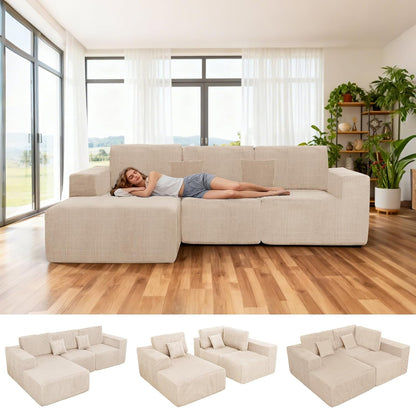 111" Boneless Couches for Living Room 3-Piece Cloud Couch Modular Sectional Deep Seat Compressed Couches for Living Room Bedroom Plush Corduroy Fabric No Assembly Required, Khaki7