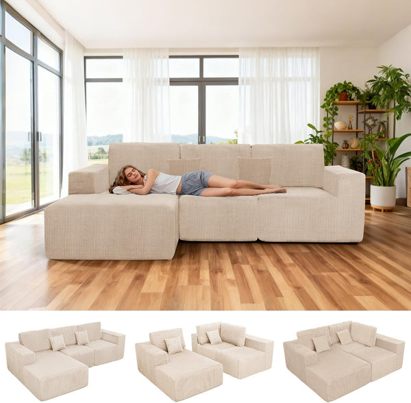 111" Boneless Couches for Living Room 3-Piece Cloud Couch Modular Sectional Deep Seat Compressed Couches for Living Room Bedroom Plush Corduroy Fabric No Assembly Required, Khaki7