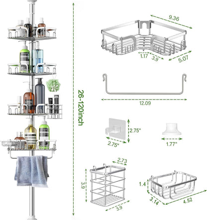 Corner Shower Caddy Tension Pole 4 Tier Adjustable Stainless Steel Shower Shelf for inside Shower Bathtub Shampoo,Standing Bathroom Organizer Shelves with 26 to 120 Inch Height2