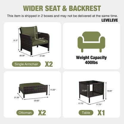 Patio Conversation Set 5 Piece, Balcony Furniture Outdoor PE Rattan Wicker Lounge Chairs with Soft Cushions, 2 Ottomans & Glass Table for Porch Lawn, Brown (Army Green Cushions2