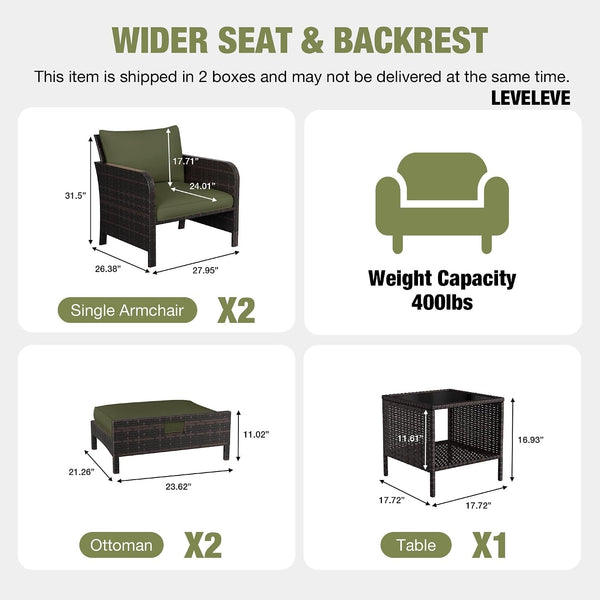 Patio Conversation Set 5 Piece, Balcony Furniture Outdoor PE Rattan Wicker Lounge Chairs with Soft Cushions, 2 Ottomans & Glass Table for Porch Lawn, Brown (Army Green Cushions2