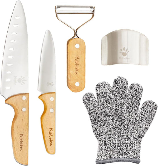 Kids Knife Set for Real Cooking, Kid-Friendly Kitchen Chef Knives | 4PCS, Food-Grade Stainless Steel Cutting Blades, Wooden Handle, Bpa-Free, for Teenager 7，8-121