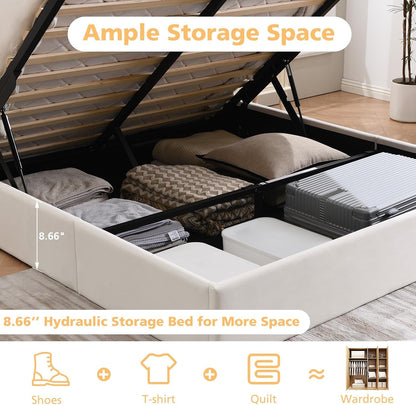 Queen Lift up Storage Bed Frame, Velvet-Look Upholstered Bed with Modern Wingback Headboard, Gas Lift Storage, Wood Slat Support, No Box Spring Needed, White3