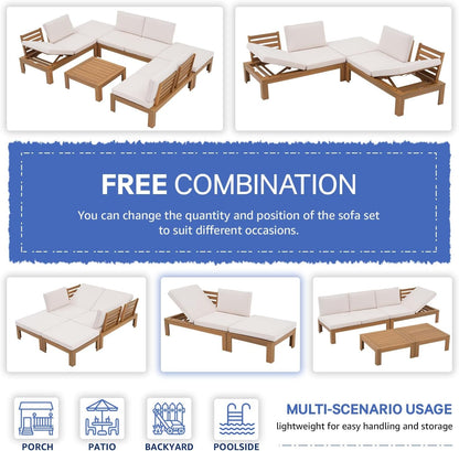 6 Piece Acacia Wood Patio Furniture Outdoor Sectional Sofa Set9