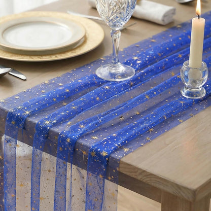 Gold Stars Dark Blue Gauze Table Runner 120 Inch 10FT, Reversible Glitter Sheer Dining Wedding Holiday Birthday Table Decor for Home Party4