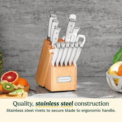 15-Piece Knife Set with Block, High Carbon Stainless Steel, Forged Triple Rivet, White, C77WTR-15P2