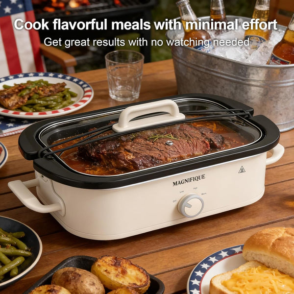 MAGNIFIQUE 4 Quart Slow Cooker with Ceramic Nonstick Baking Dish, Adjustable Temperature, Oven Safe for Lasagna & Roasts, Dishwasher Safe Stoneware & Tempered Glass Lid, Compact Crock Pot, Oatmeal4