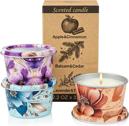3 Pack Scented Candle Gift Set,Lavender Thyme,Apple Cinnamon & Balsam Cedar,2.2 Oz Each,Soy Wax Tin Candles,Gifts for Women,Mom,Friends,Home Decor1