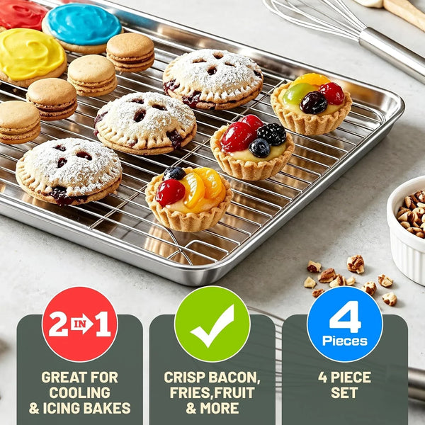 Baking Sheet with Rack Set (2 Pans + 2 Racks), 16 X 12 X 1 Inch Stainless Steel Cookie Sheet Baking Pan Tray with Cooling Rack, Jelly Roll Pan with Wire Rack, Warp Resistant & Heavy Duty & Rust Proof4