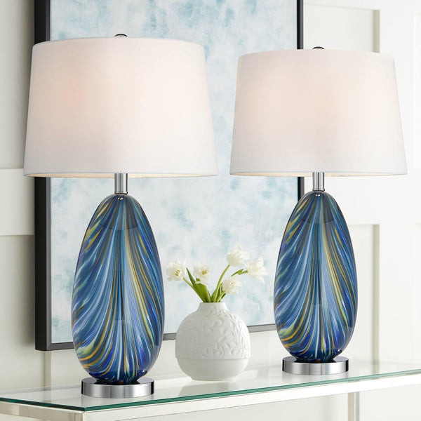 Pablo 27" Tall Table Lamps Set of 2 Modern Blue Art Glass Coastal1