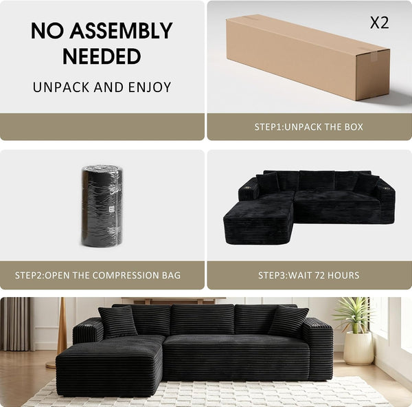 Cloud Sectional Boneless Couches for Living Room,Modular Sectional Sofa with 2 Cup Holders,Memory Foam Cloud Couch with L Shaped Oversized Chaise,No Assembly Needed Plush Corduroy Sofa,Black7
