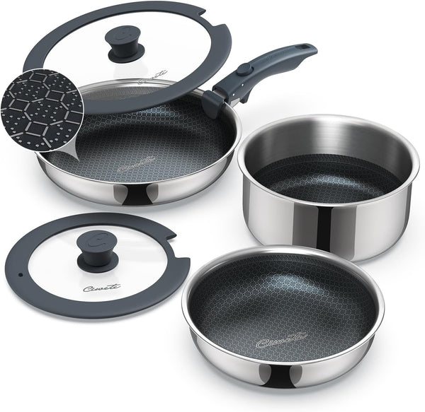 6-Piece Hybrid Stainless Steel Pots and Pans Set Non Stick, Tri-Ply Stainless Steel Cookware Set with Lids and Detachable Handle, PFOA Free Kitchen Skillet for All Cooktops, Dishwasher Safe1