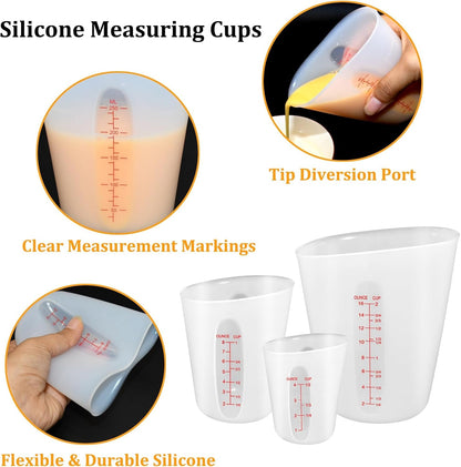 3 Pieces Large Silicone Measuring Cups Flexible Chocolate Melting Cups with 4 Pieces Silicone Jar Spatulas for Home Baking6
