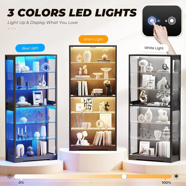 71" Tall Display Cabinet with Glass Door and 3-Color Lights, Black | 6-Tier Curio Cabinet for Collectibles, Display Case with Adjustable Glass Shelves, Human Body Sensor, Storage Cabinets3