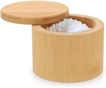 Salt Cellar, Bamboo Salt Container with Lid, Solid Salt Box Holder with 360° Swivel Lid for Countertop to Store Pepper Spice, Elegant Flaky Salt Containers Bowl on Your Kitchen, 6OZ1