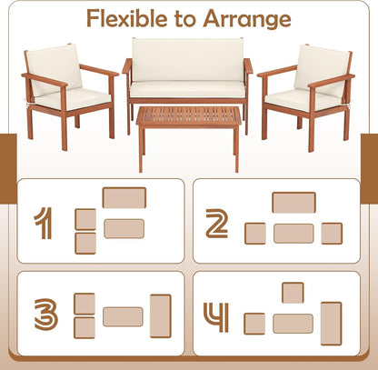 Wood Patio Furniture Set - 4-Piece Acacia Conversation Outdoor Furniture W/Chairs, Loveseat, Coffee Table, Back & Seat Cushions, Wooden Sectional Sofa Set for Porch Pool Garden Backyard (1)7