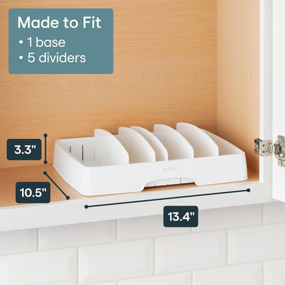 Storalid Food Container Lid Organizer for Kitchen Cabinet Storage with 5 Adjustable Dividers, 10.5''D × 13.4''W × 3.3''H, Large Classic Edition, White5